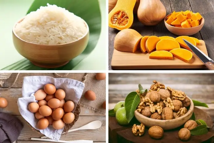 2.4. Cháo bí đỏ trứng gà cho bé cùng với hạt óc chó