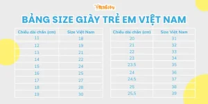 2. Bảng size giày trẻ em Việt Nam từ 0-14 tuổi