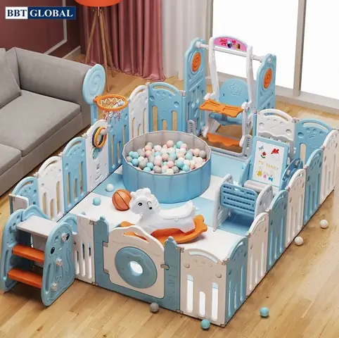 Quây Cũi Gấp Gọn Kẻ Sọc Có Bóng Rổ Và Ném Vòng - Không Gian Vui Chơi Riêng Cho Bé