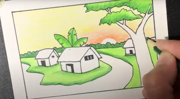 Cách 2: Hướng Dẫn Vẽ Tranh Phong Cảnh Làng Quê Lớp 7 Đẹp