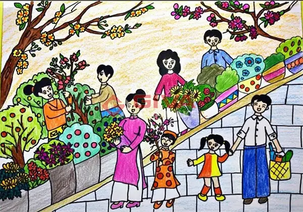 Tranh Vẽ Phong Cảnh Chợ Hoa Ngày Tết