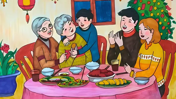 Tranh Gia Đình Bên Mâm Cơm