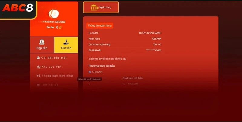 Hướng dẫn chi tiết quy trình rút tiền ABC8 chuẩn xác cho hội viên