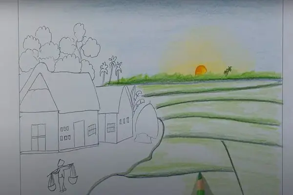 Vẽ Tranh Phong Cảnh Làng Quê Bằng Bút Chì Màu- Cách 2