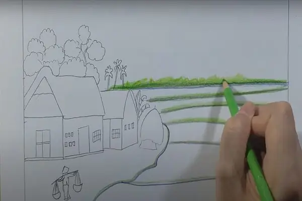 Vẽ Tranh Phong Cảnh Làng Quê Bằng Bút Chì Màu- Cách 2